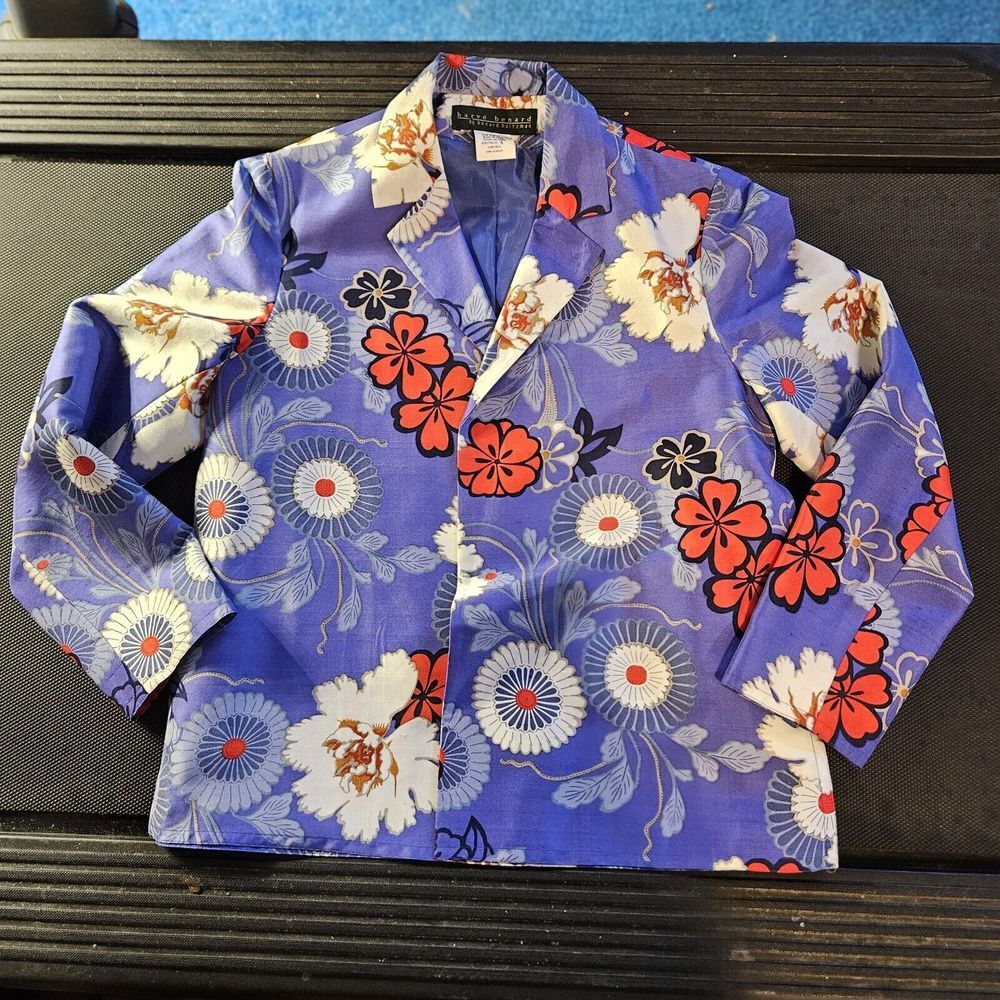 Harvé Benard Silk Jacket Women 6 Blue Red‎ Floral Lined 3/4 Sleeves
